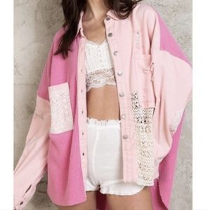 POL Barbie Pink Patchwork Button Down Crochet Lace Denim Oversized Fit, M